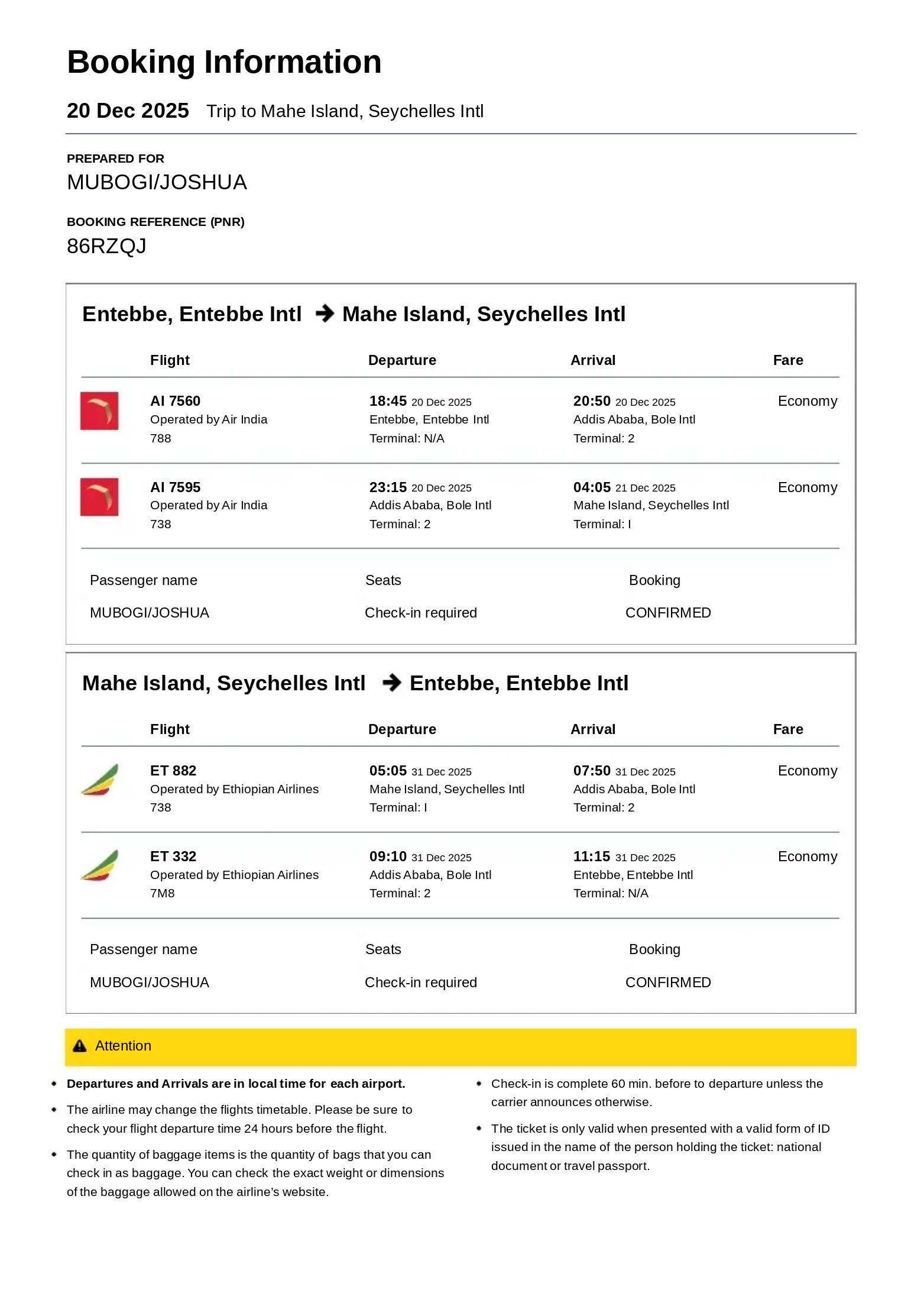 Air Travel Ticket Sample