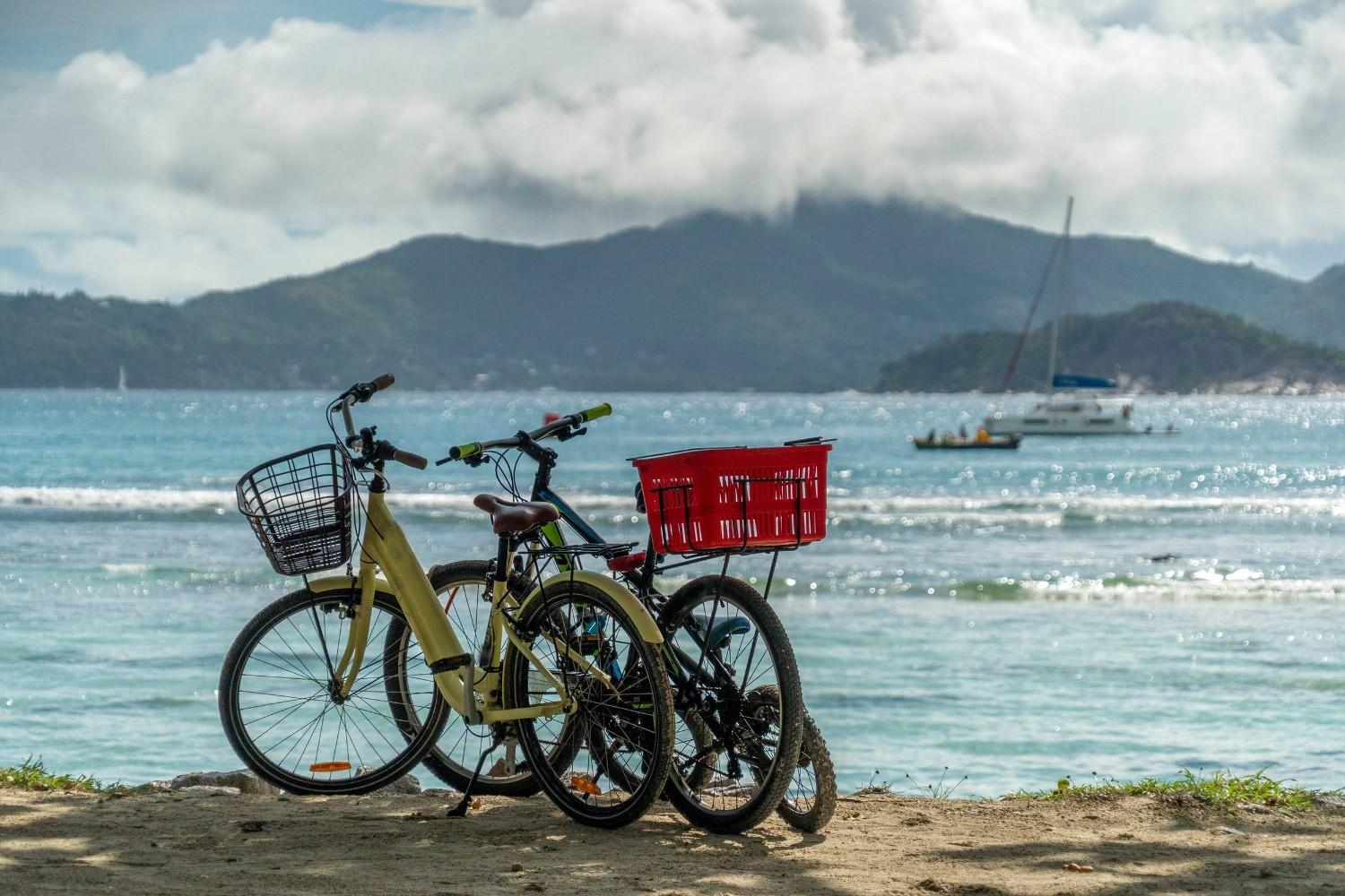 Bicycles Beside La Digue Lagoon Seychelles