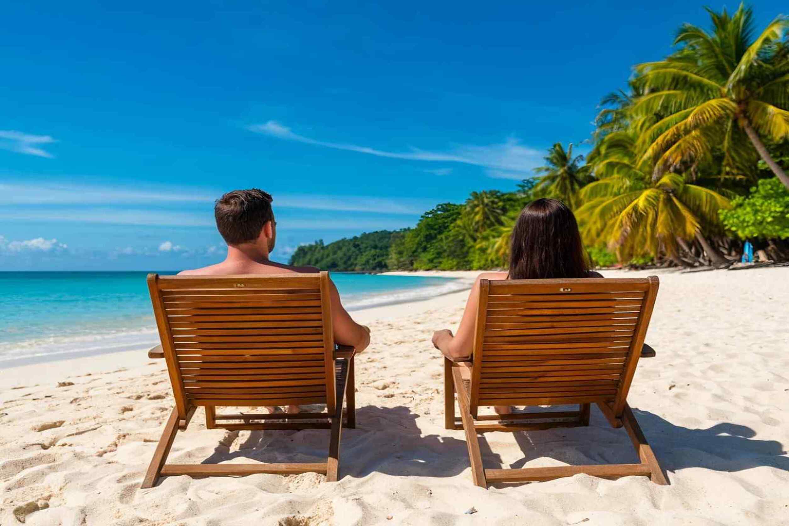 Couple Relaxing On Seychelles Praslin Beach