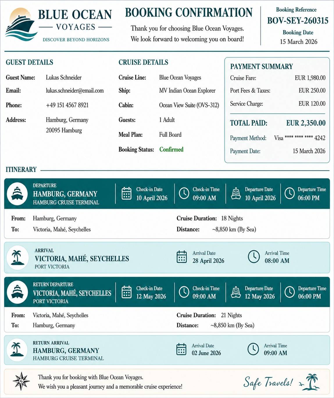Cruise Booking Confirmation Sample