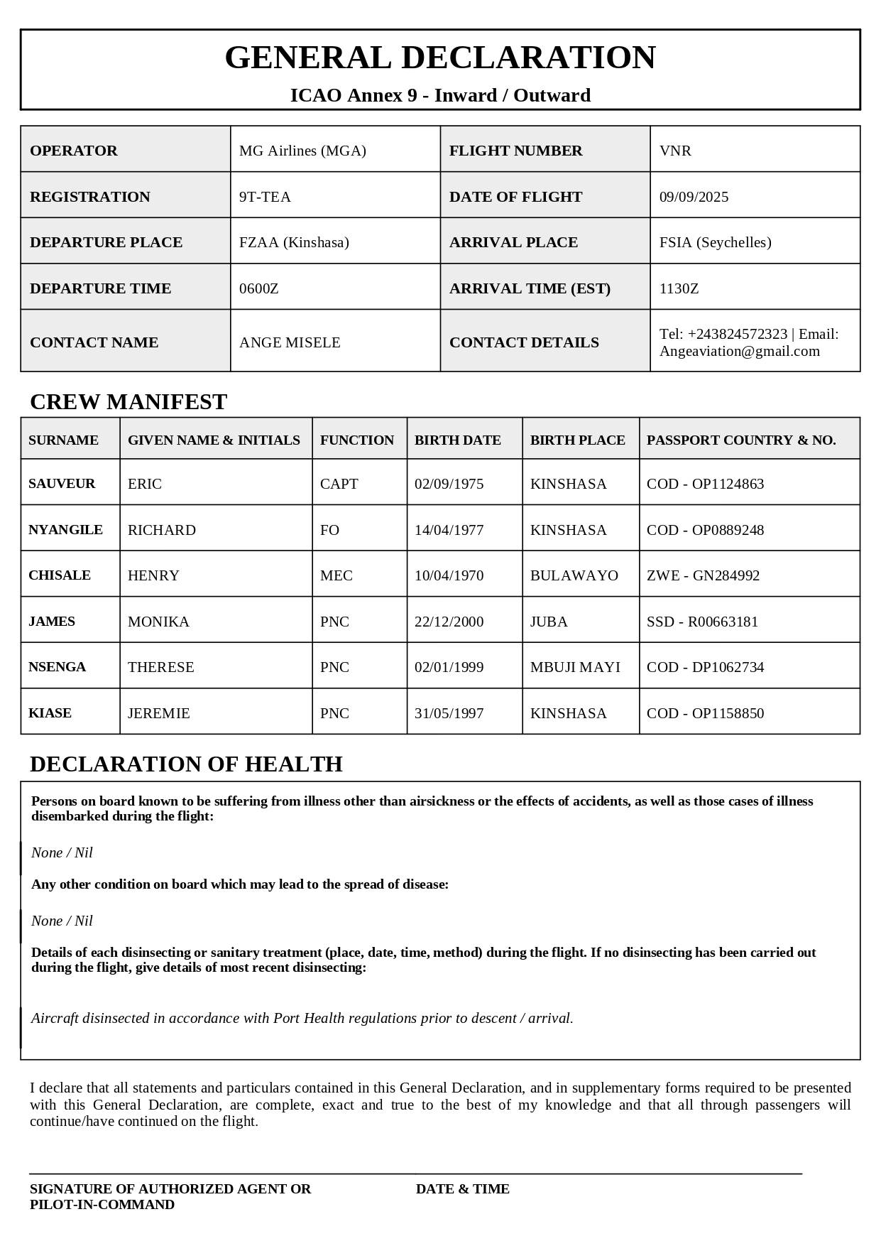 General Declaration Gendec Sample