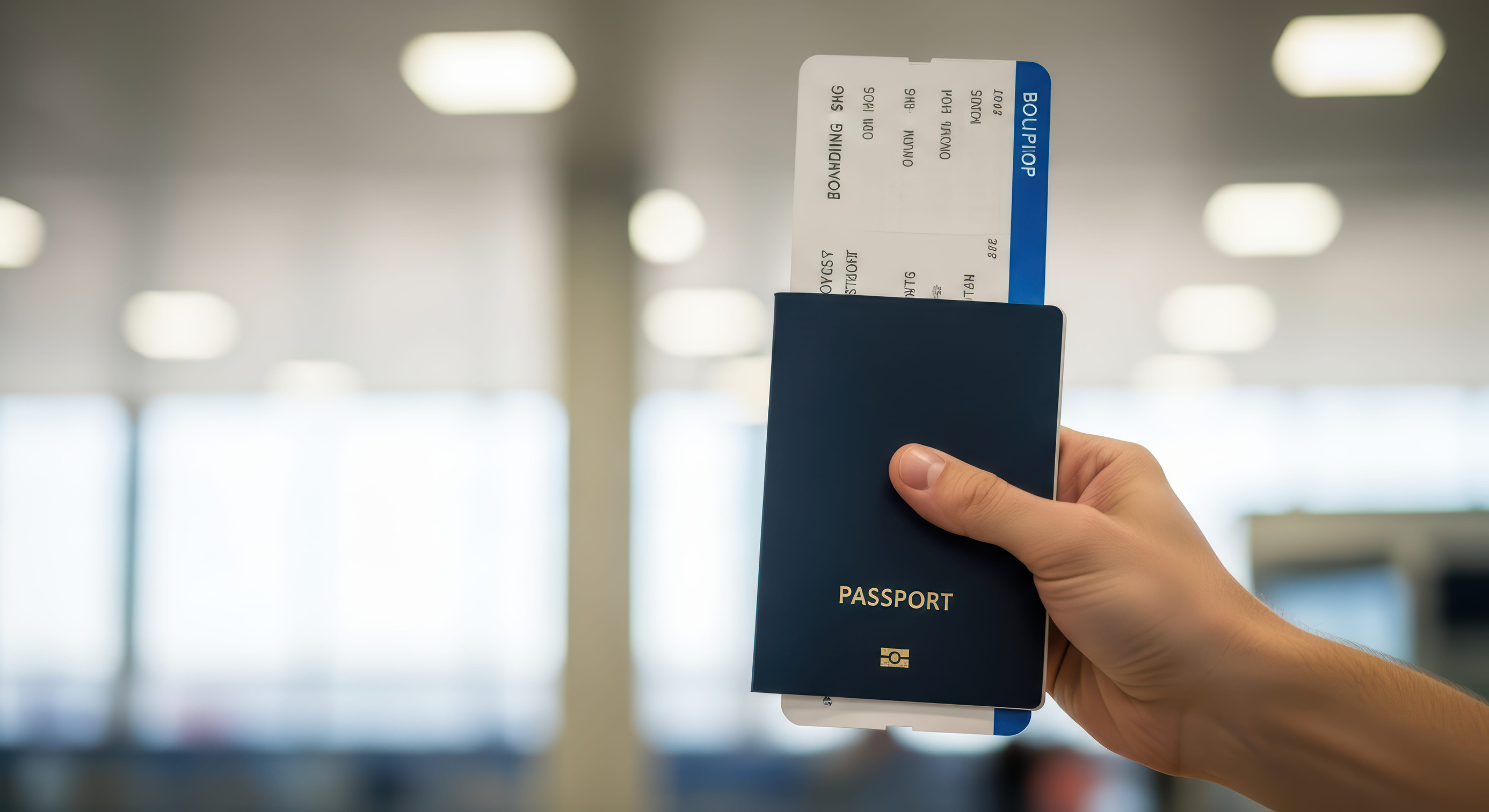 Hand holding passport and boarding pass in airport