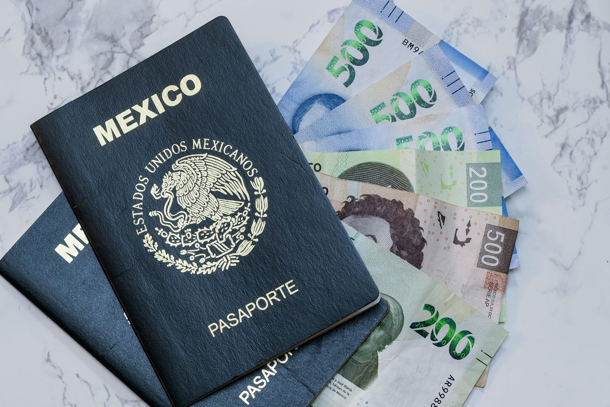 High Angle Mexican Passports and Pesos