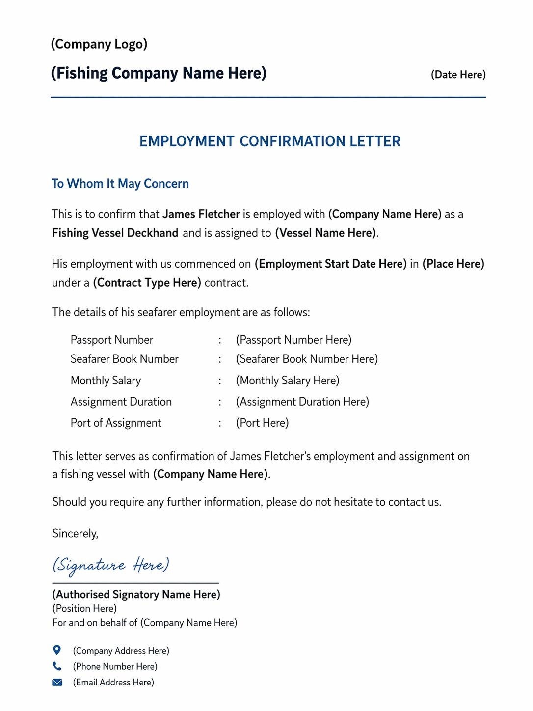 Sample Of A Fishing Company Employer Letter