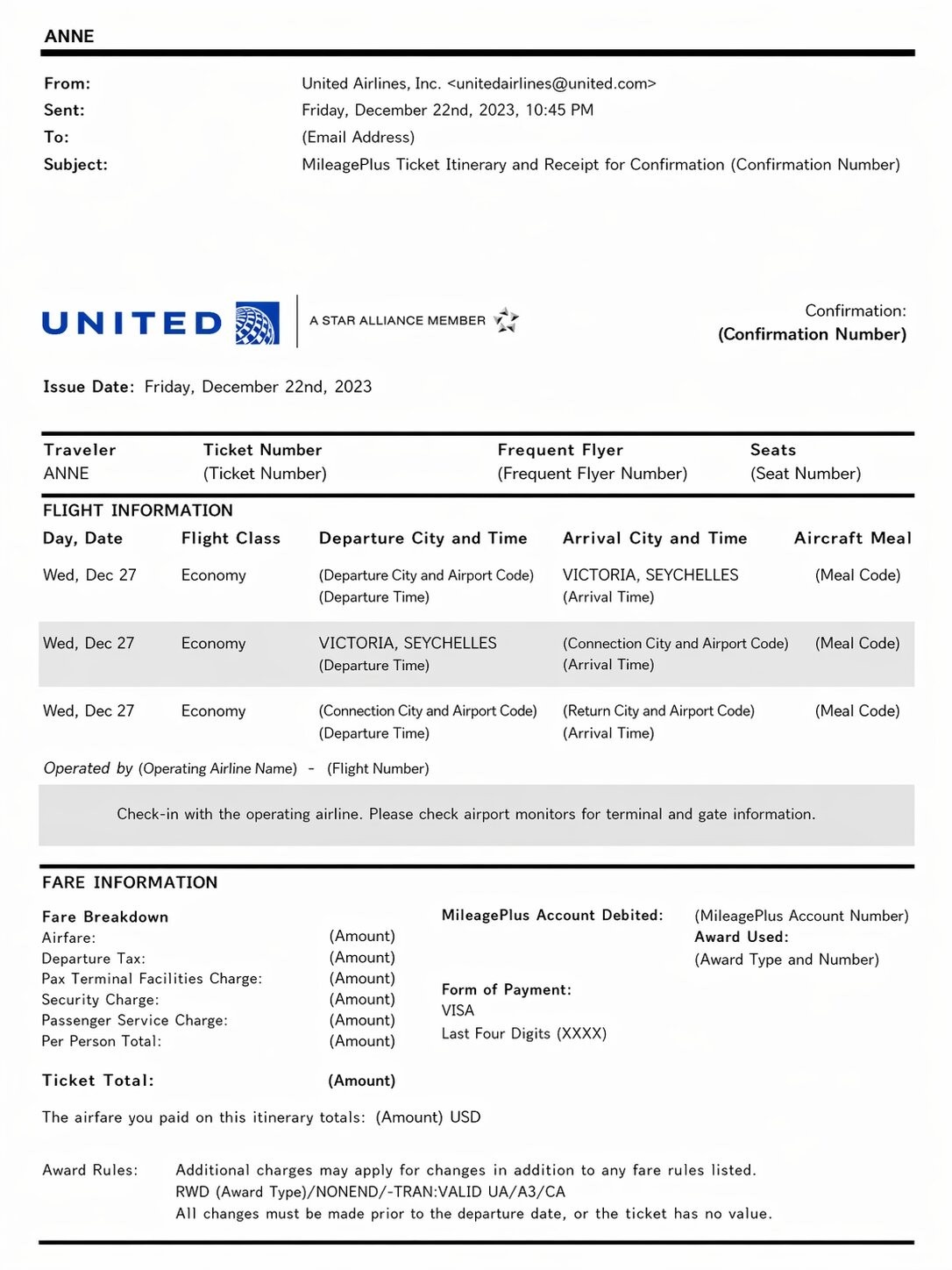 Sample Of An Airline Booking Confirmation